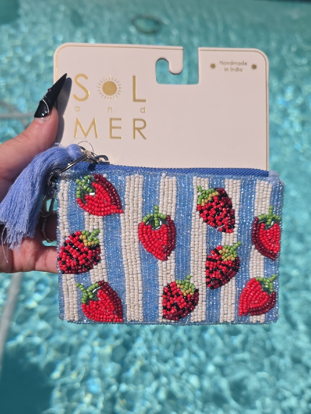 Sol and Mer Beaded Strawberry Coin Purse - Blue & White